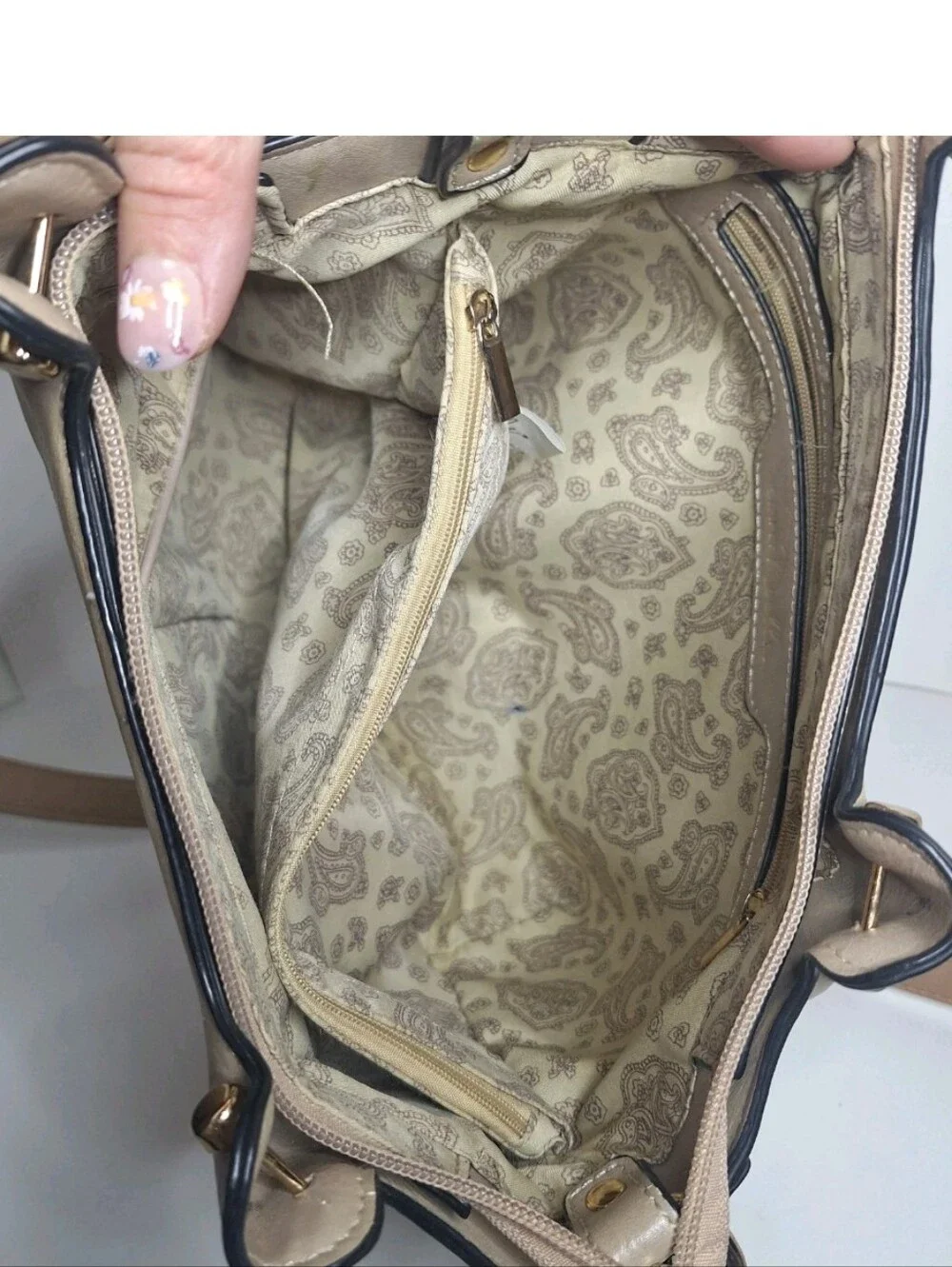 Simply Noelle Medium Beige And Tan Faux Leather Satchel Crossbody No Top Handles